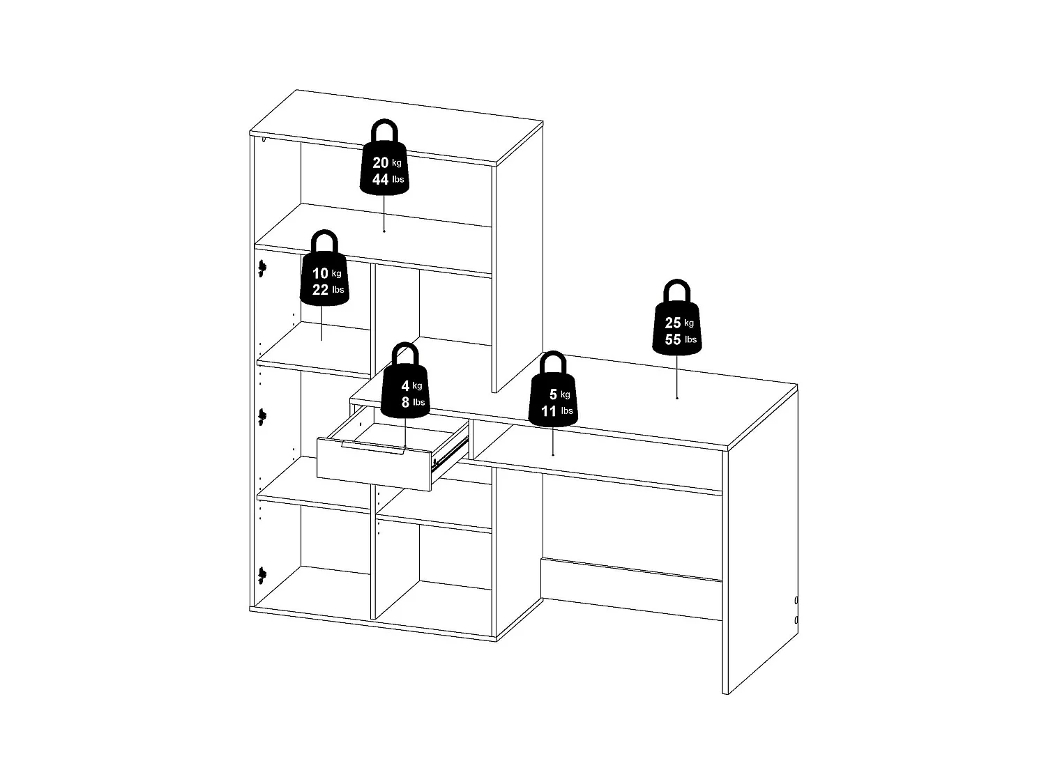 Multifunctioneel bureau met boekenkast, lade en deur, wit en eikenkleur, 162 x 155 x 60 cm