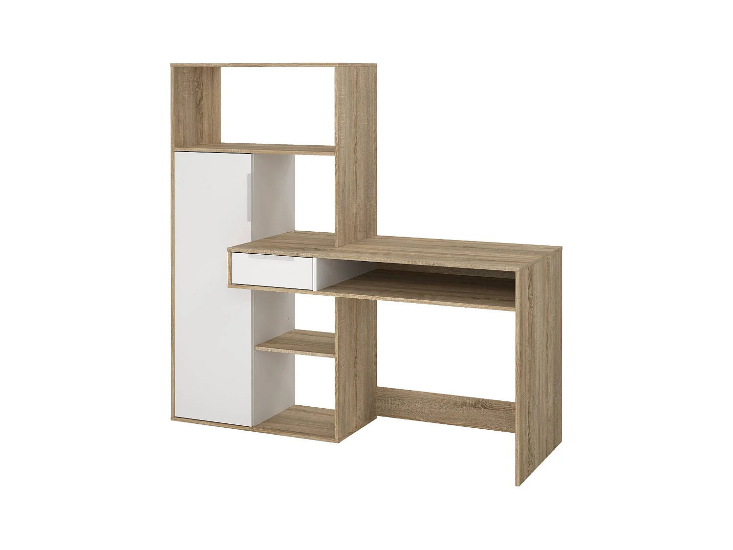 Multifunctioneel bureau met boekenkast, lade en deur, wit en eikenkleur, 162 x 155 x 60 cm