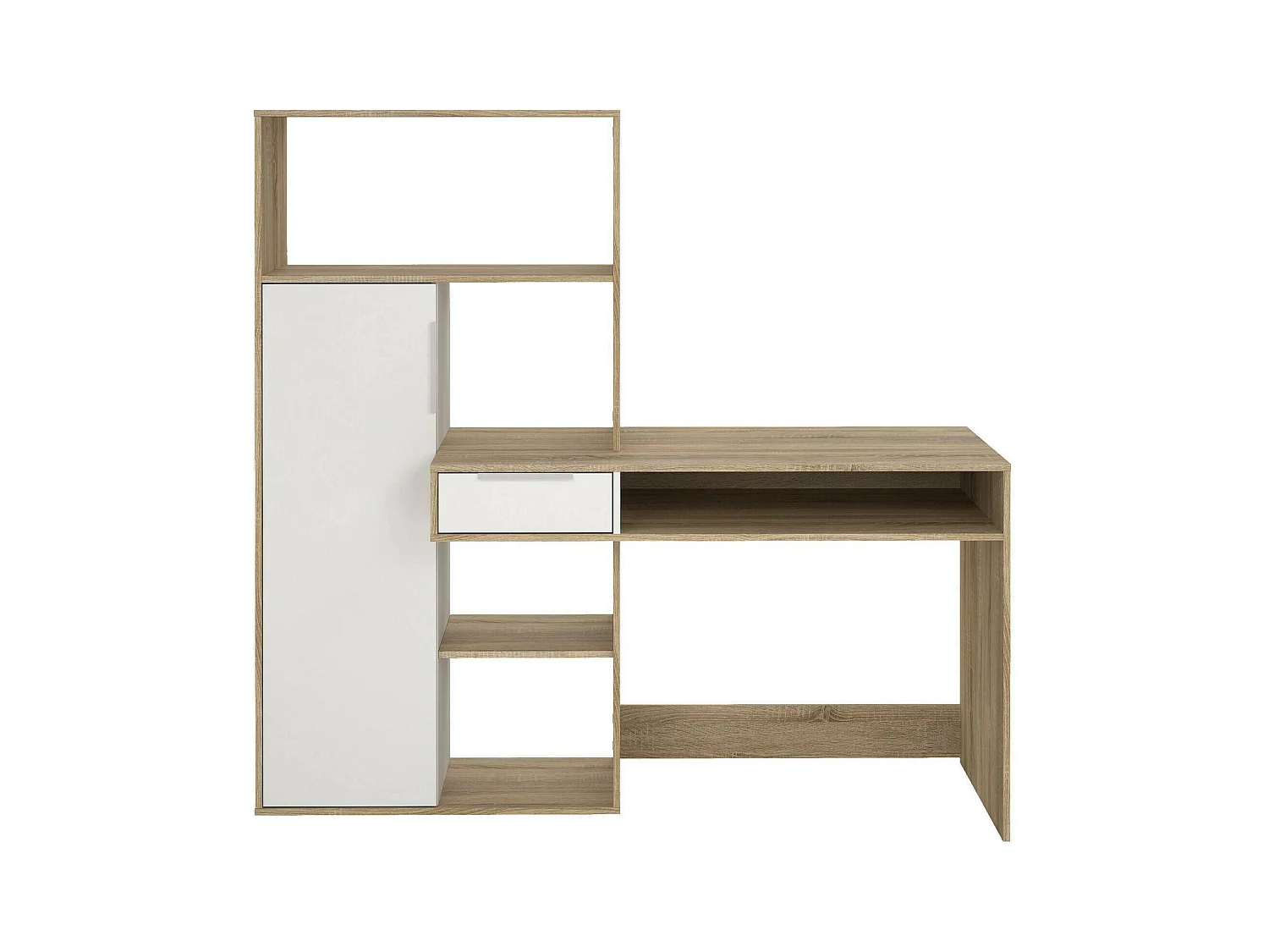 Multifunctioneel bureau met boekenkast, lade en deur, wit en eikenkleur, 162 x 155 x 60 cm