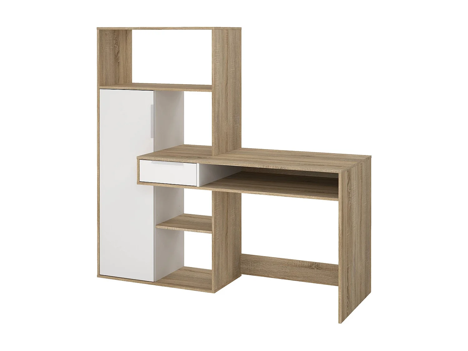 Multifunctioneel bureau met boekenkast, lade en deur, wit en eikenkleur, 162 x 155 x 60 cm