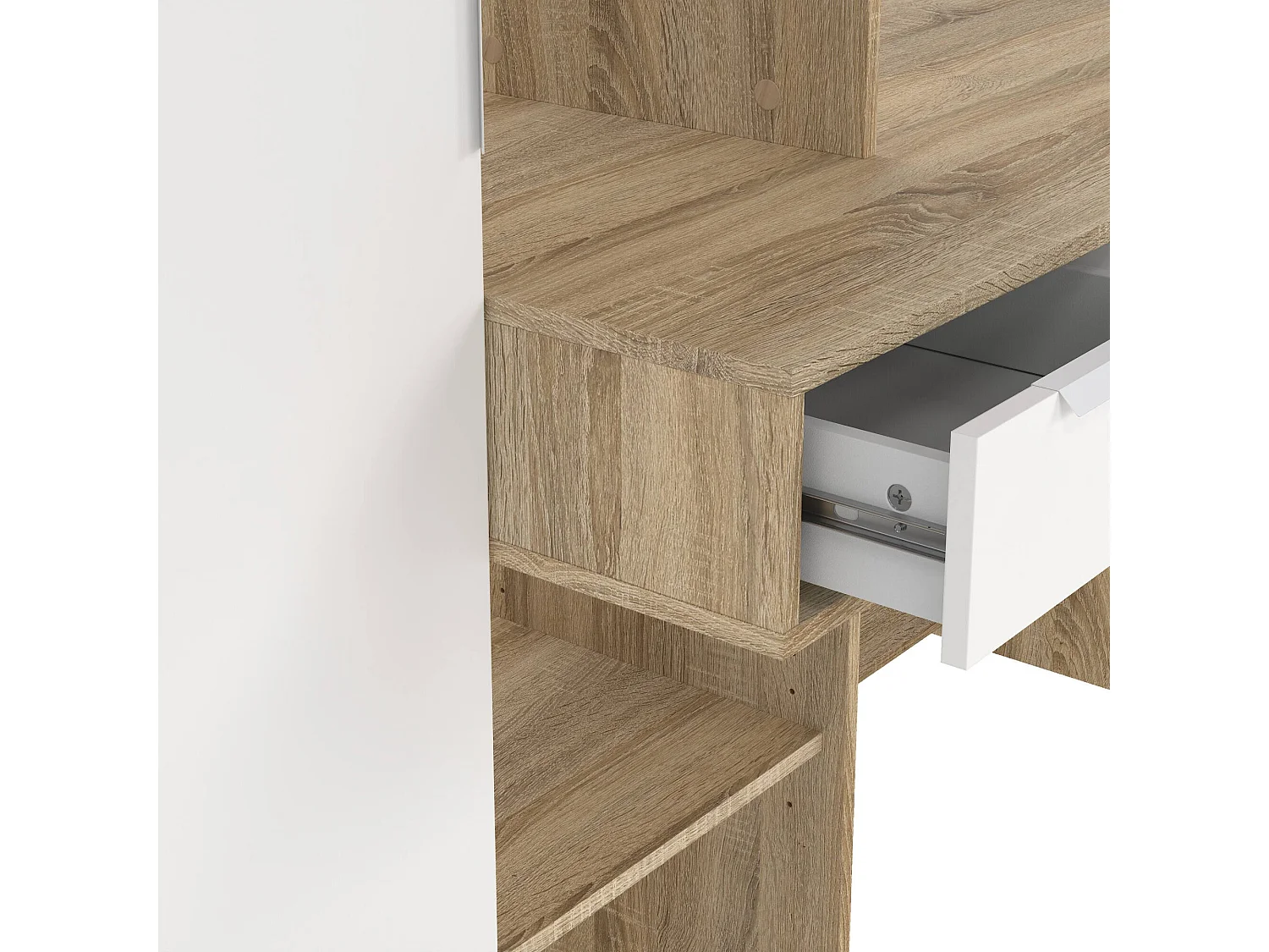 Multifunctioneel bureau met boekenkast, lade en deur, wit en eikenkleur, 162 x 155 x 60 cm