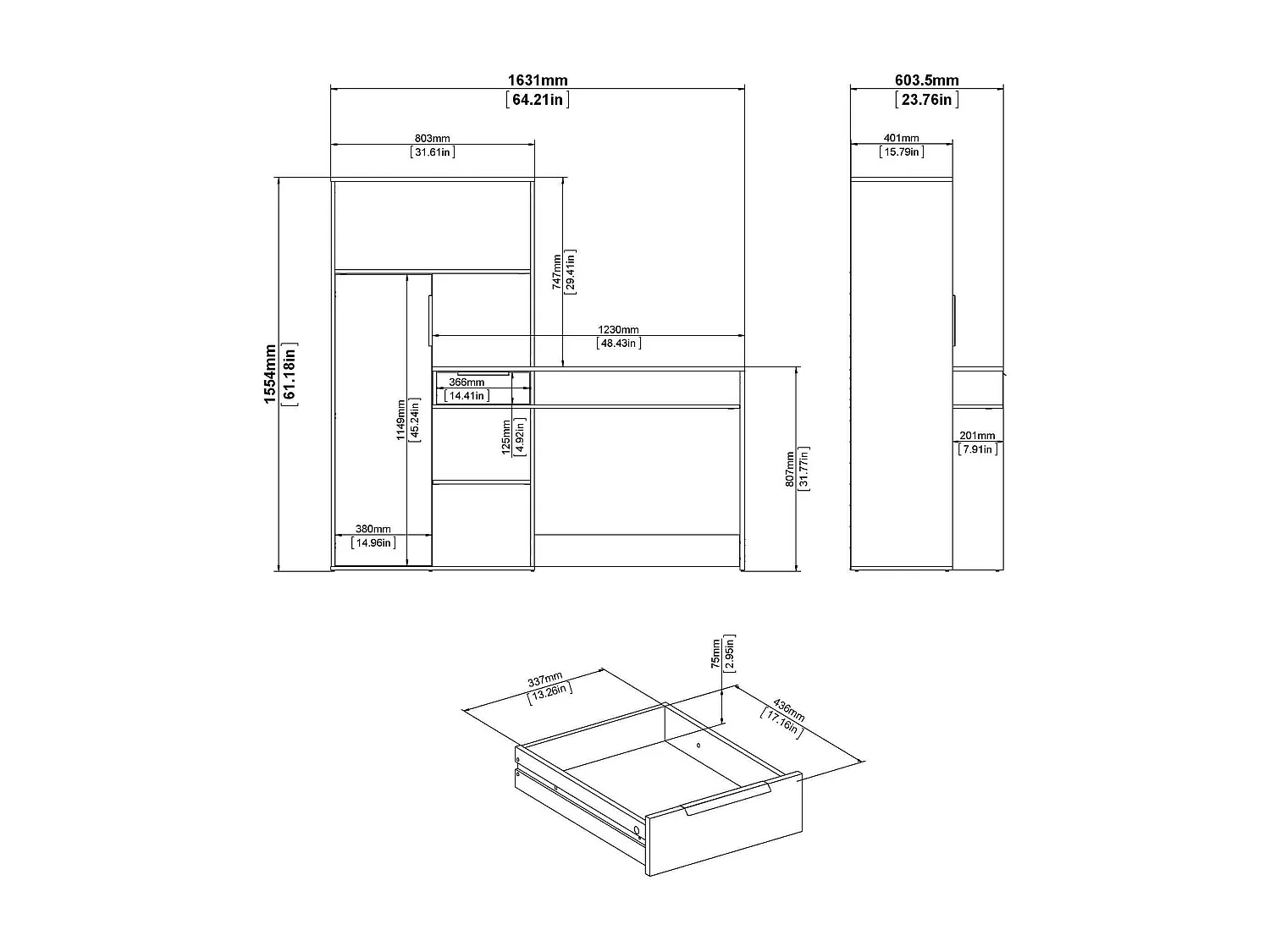 Multifunctioneel bureau met boekenkast, lade en deur, wit en eikenkleur, 162 x 155 x 60 cm