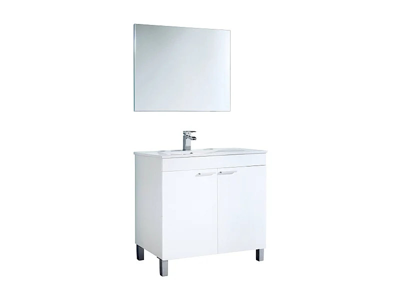 Móvel lavatório Augusta, Móvel de casa de banho com 2 portas, Móvel de chão com espelho, 80x45h80 cm, Branco