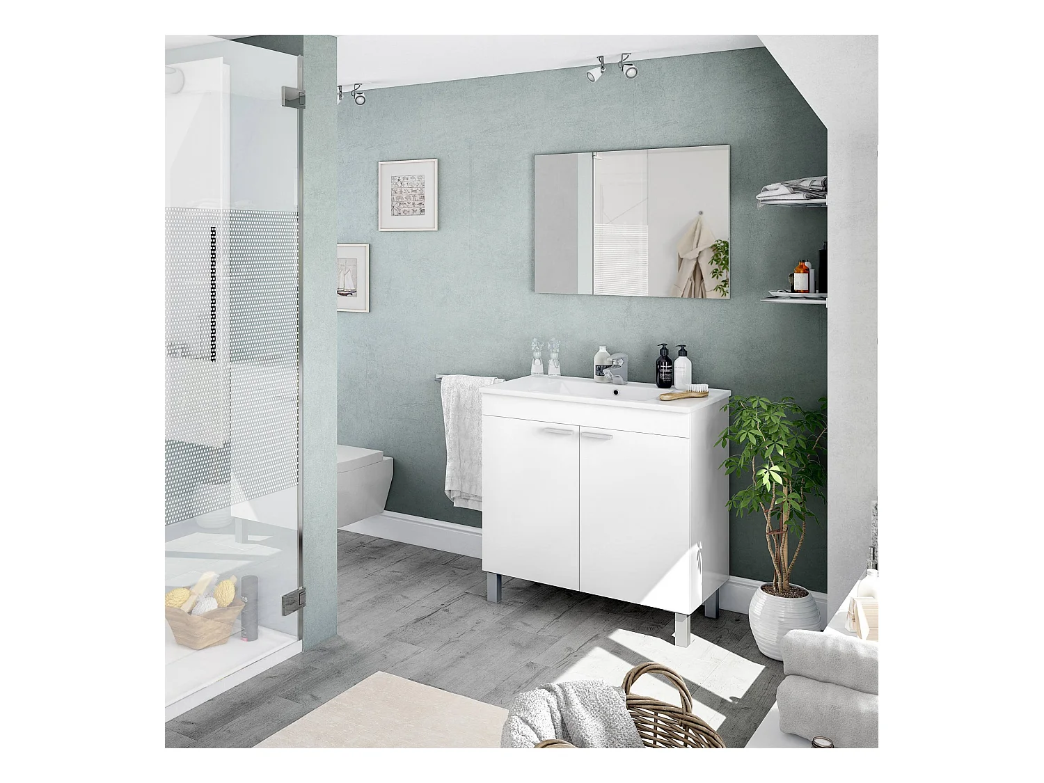 Mueble bajo lavabo Augusta, mueble de baño de 2 puertas, Gabinete de piso con espejo, 80x45h80 cm, Blanco