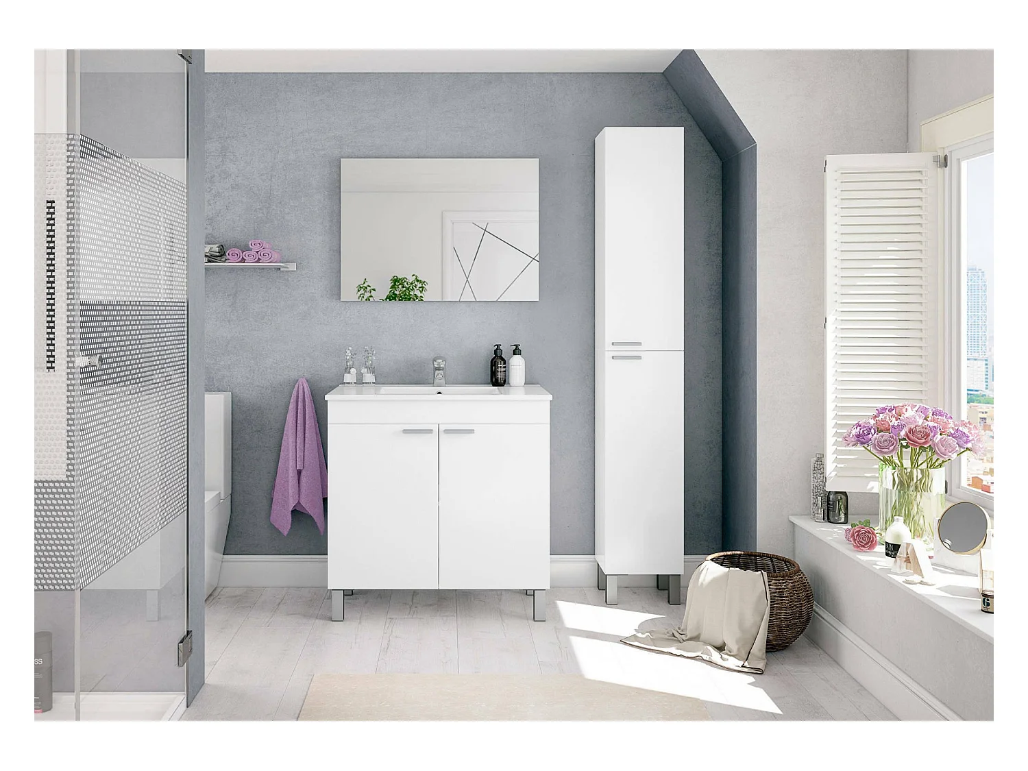 Mueble bajo lavabo Augusta, mueble de baño de 2 puertas, Gabinete de piso con espejo, 80x45h80 cm, Blanco