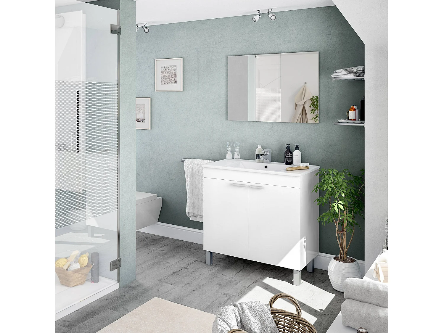 Mueble bajo lavabo Augusta, mueble de baño de 2 puertas, Gabinete de piso con espejo, 80x45h80 cm, Blanco