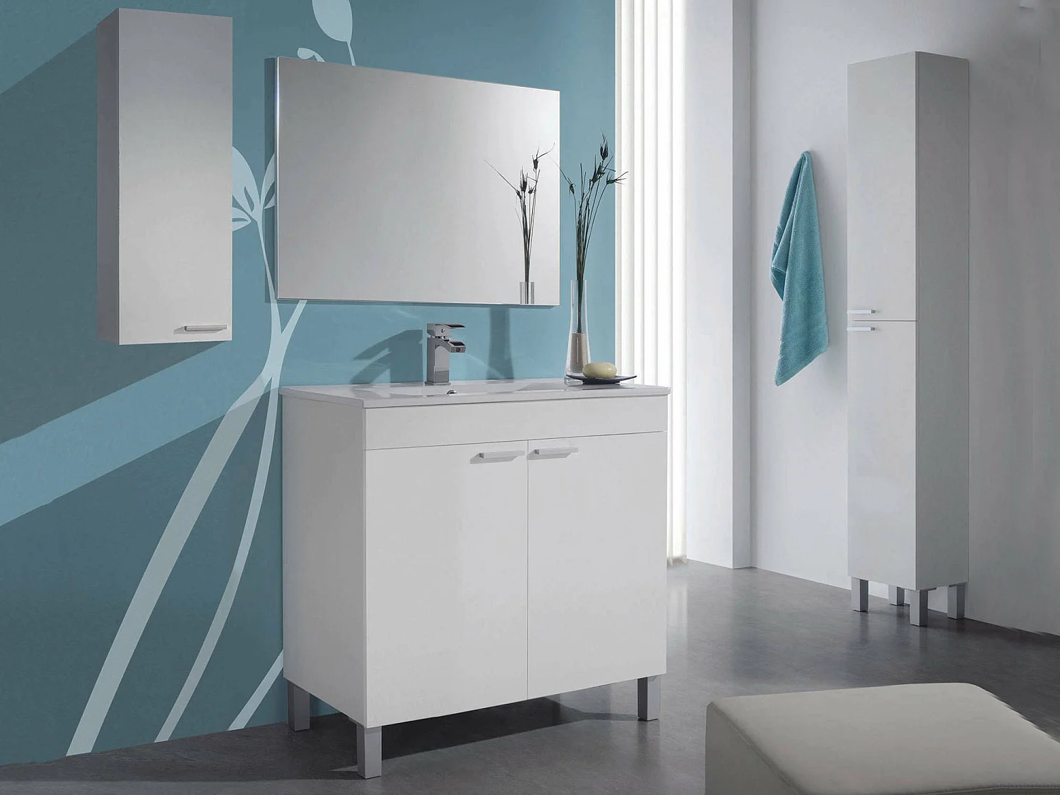 Meuble sous-vasque Augusta, Meuble de salle de bain avec 2 portes, Meuble de sol avec miroir, 80x45h80 cm, Blanc