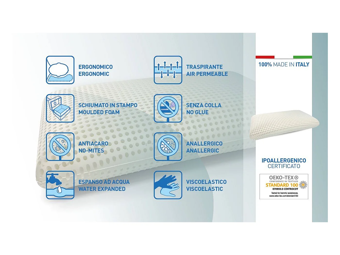 Talamo Italia Set of 2 Pillows for bed, 100% Made in Italy, Removable "soap" pillow in perforated Memory Foam, Hypoallergenic and Breathable, 70x40xh16 cm