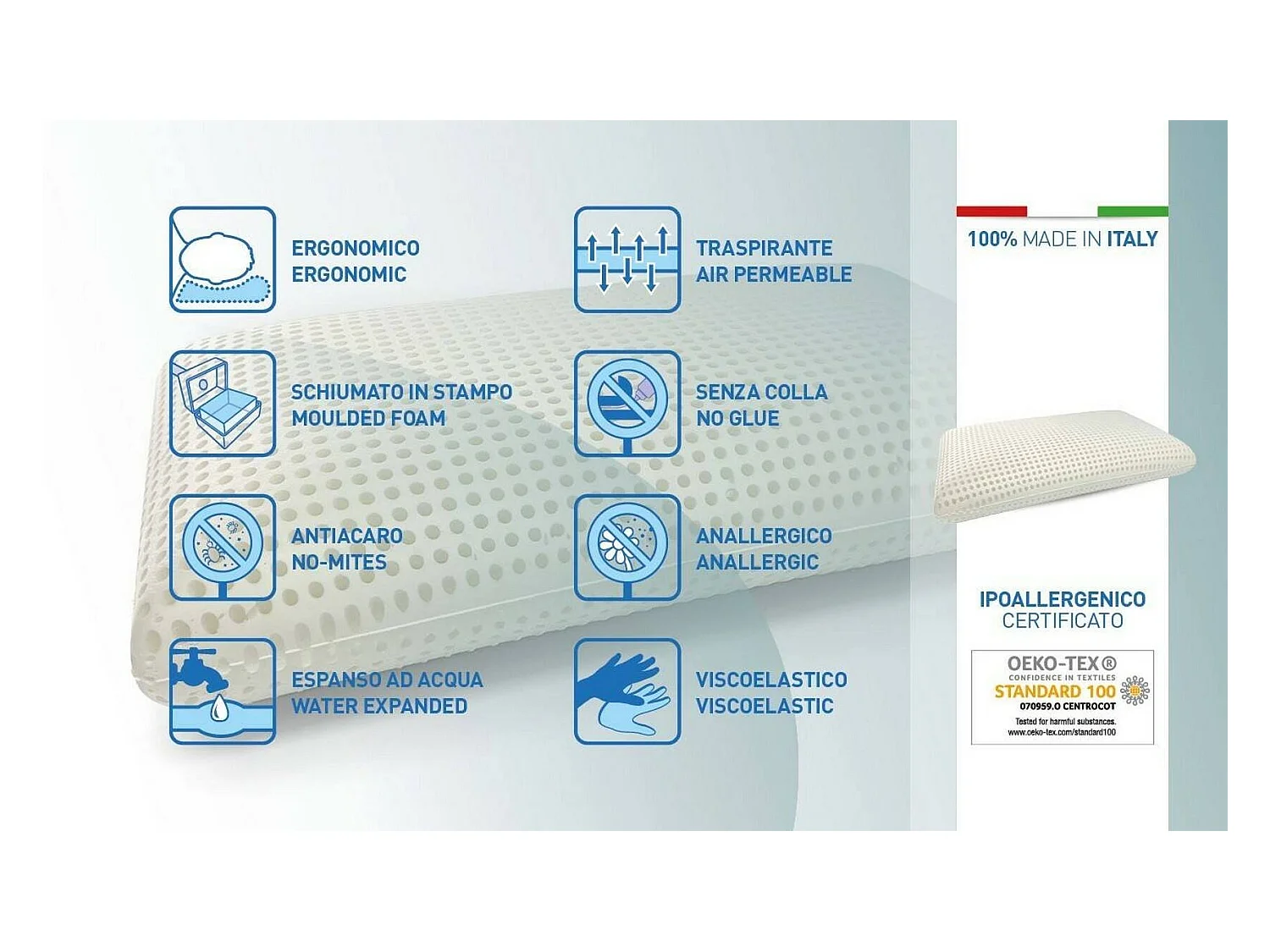 Talamo Italia Set of 2 Pillows for bed, 100% Made in Italy, Removable "soap" pillow in perforated Memory Foam, Hypoallergenic and Breathable, 70x40xh16 cm