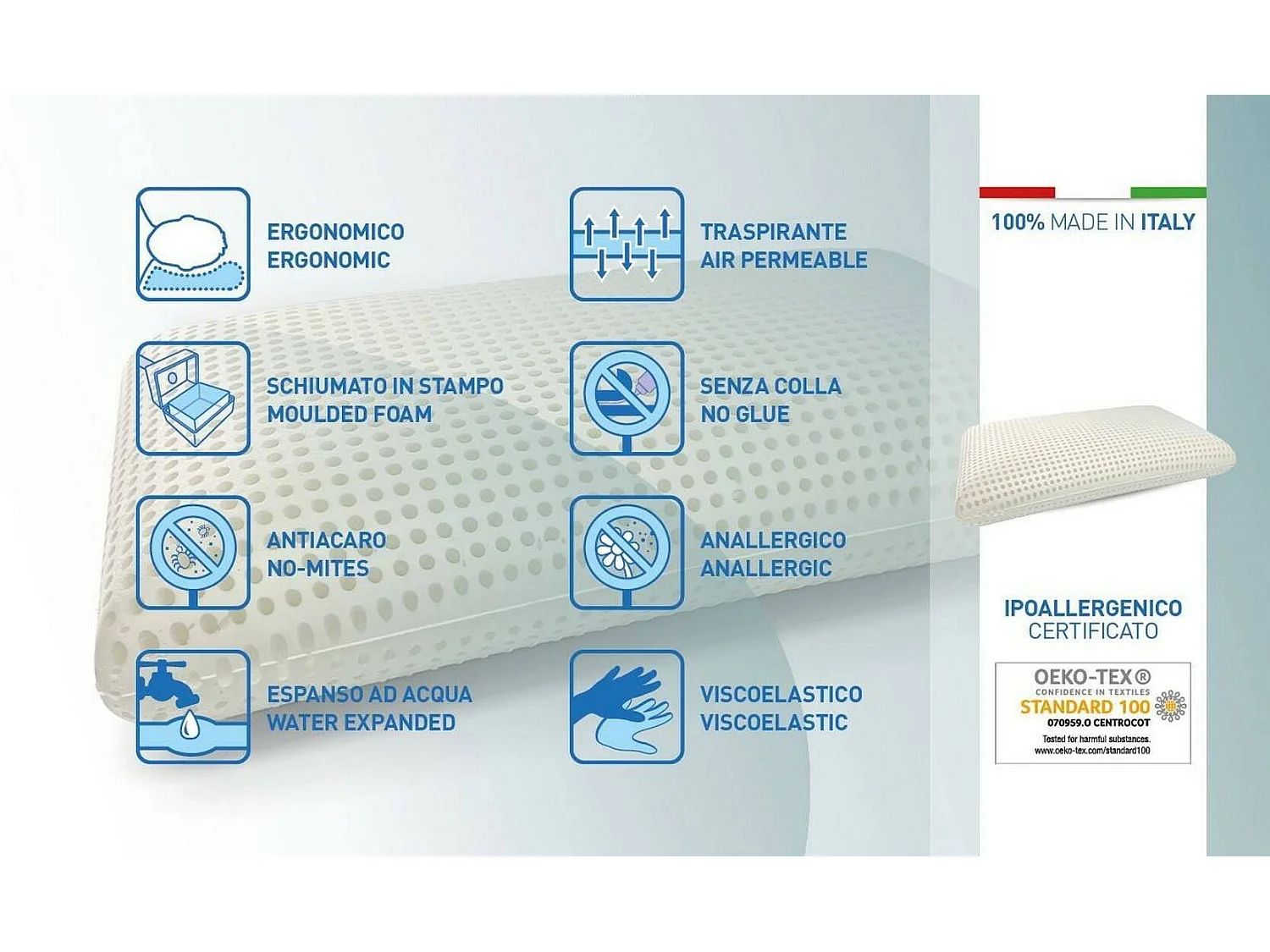 Talamo Italia Set van 2 bedkussens, 100% Made in Italy, afneembaar "zeep" kussen in geperforeerd Memory Foam, hypoallergeen en ademend, 70x40xh16 cm