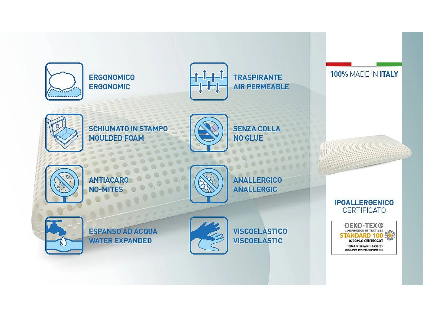 Talamo Italia 2er0Set Kien für da Bett, 100% Made in Italy, Abnehmbare "Seifen"0Kien au perforiertem Memory0Schaum, hypoallergen und atmungaktiv, 70x40xh16 cm