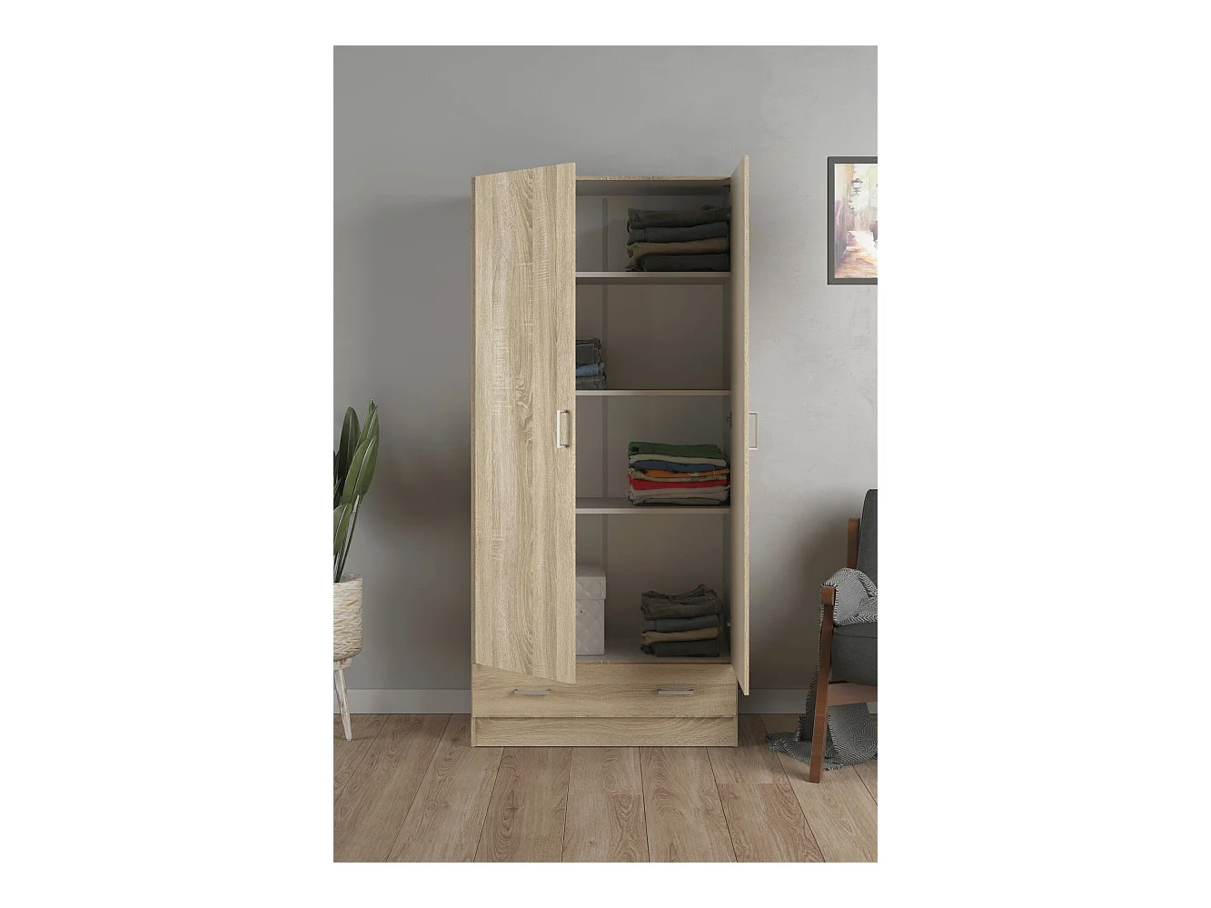 Armoire à deux portes et un tiroir, couleur chêne, 79 x 35 x h171 cm