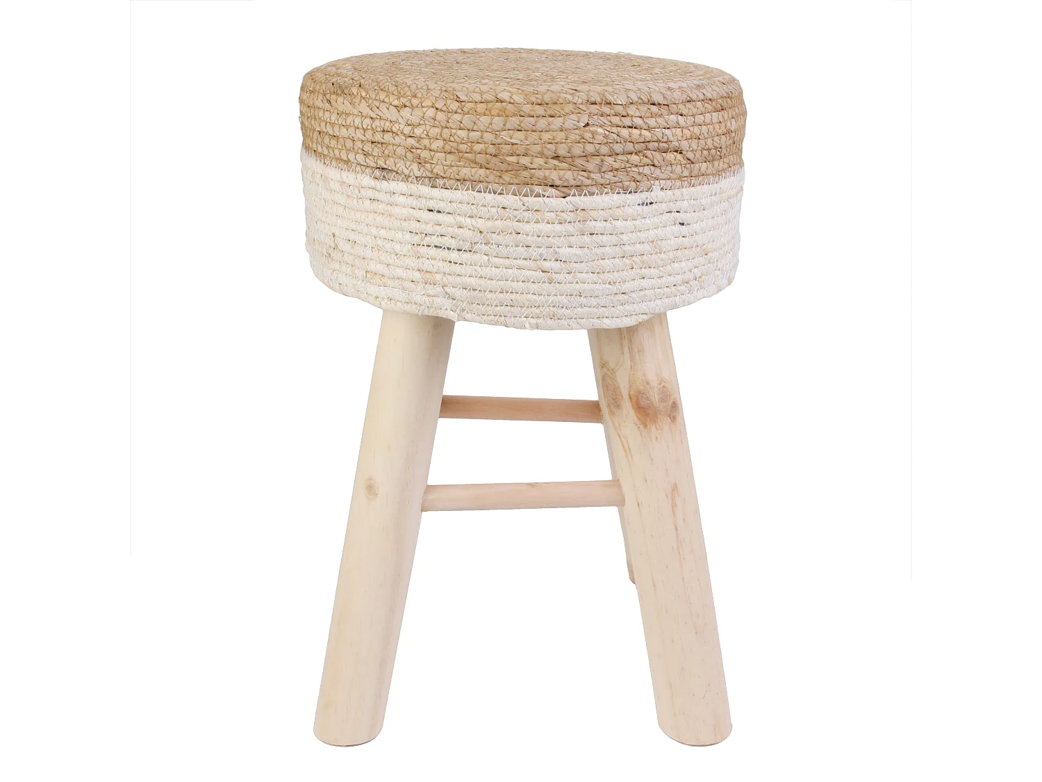 Gevlochten tweekleurige beige houten kruk voor een natuurlijke bohemien touch