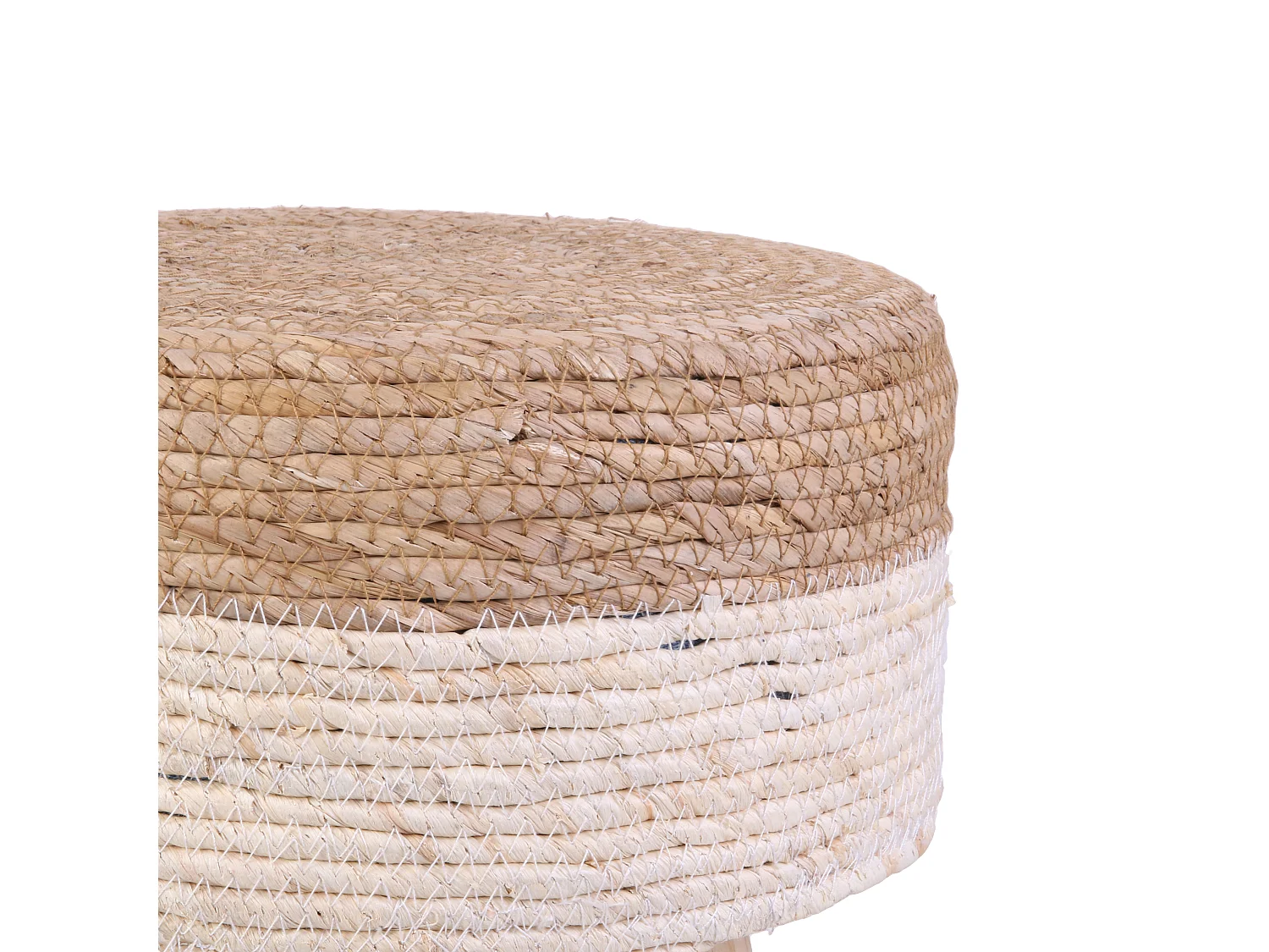 Gevlochten tweekleurige beige houten kruk voor een natuurlijke bohemien touch