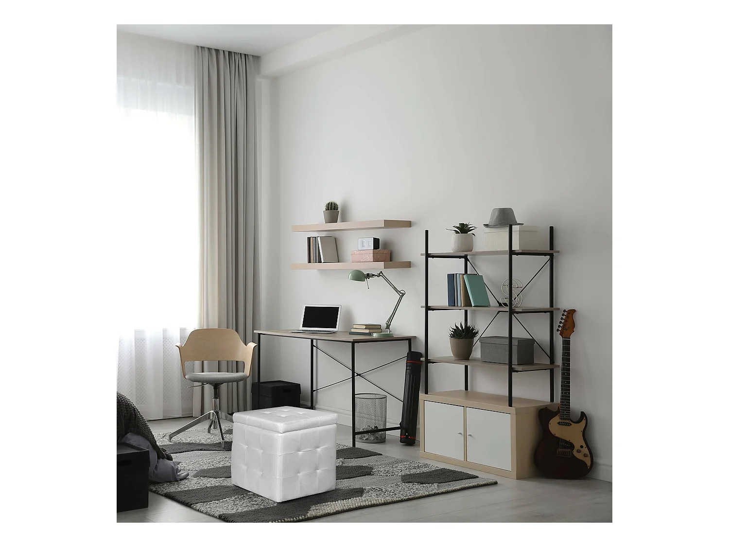 Pufe de armazenamento 0, Pufe de armazenamento em couro ecológico com efeito acolchoado, Pufe moderno com apoio para os pés para sala de estar, 45x45h47 cm, Branco