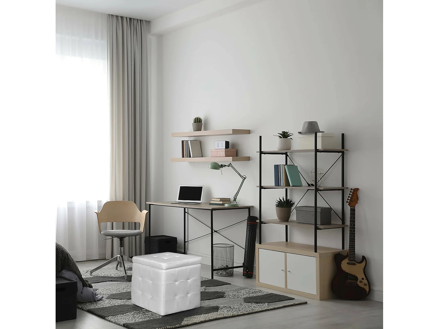 Pouf-conteneur en éco-cuir, coloris blanc, 45 x 47 x 45 cm