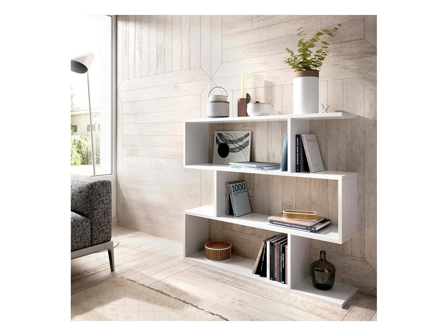 Buchhandlung Dfanes, Niedriges doppelseitiges Bücherregal, Regal mit drei Fächern, Modernes Büroregal, 110x24h97 cm, Glänzend WeiÃŸ