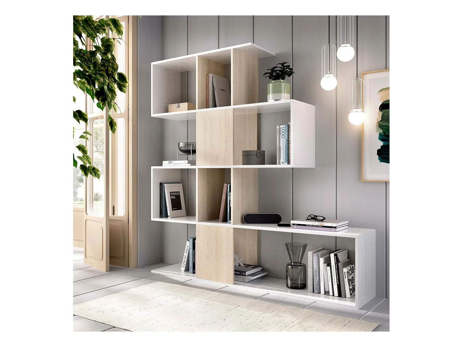 Dmora - Libreria Ax, 145x29h145 cm, Bianco lucido e Rovere
