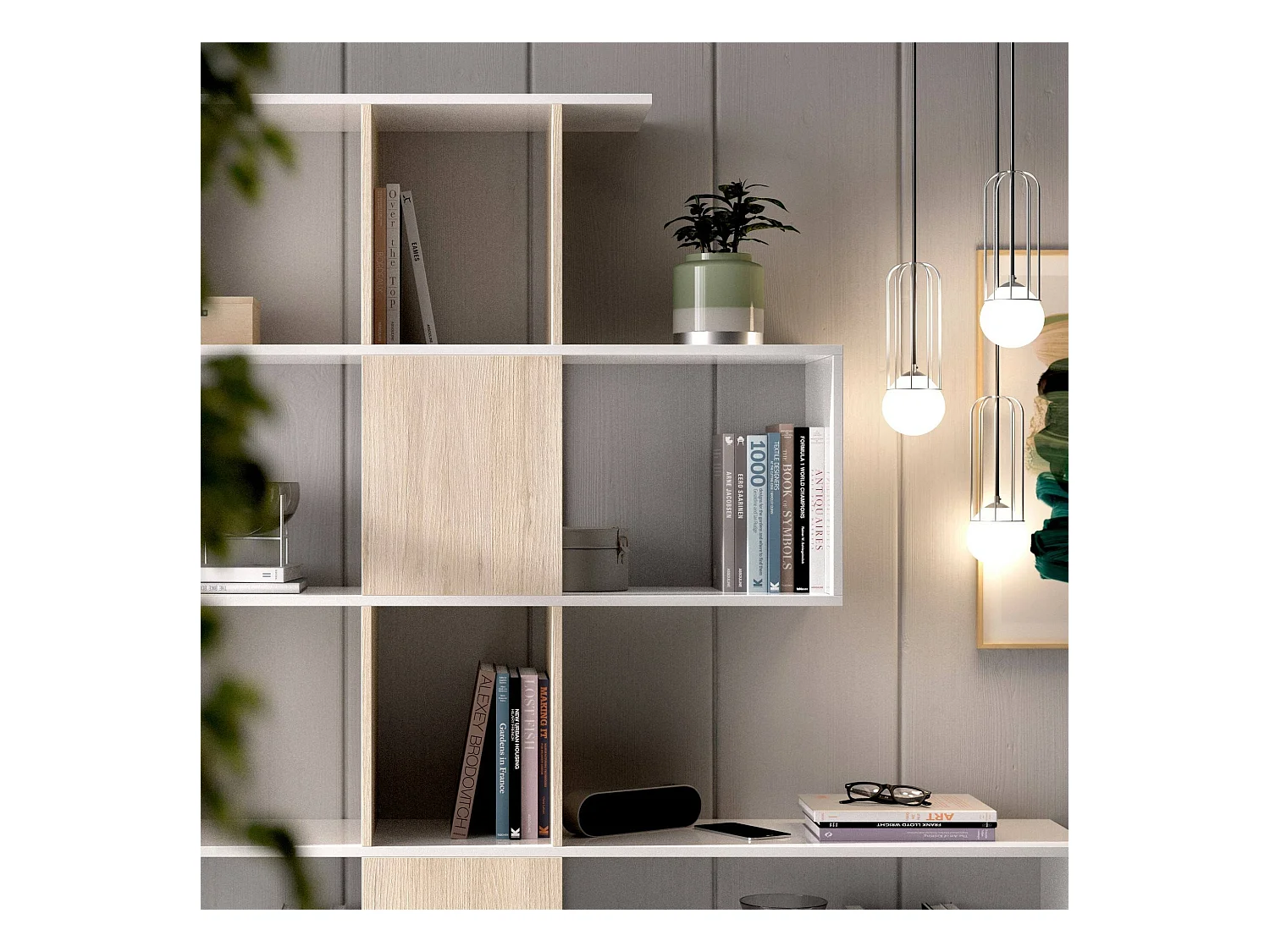 Dmora - Libreria Ax, 145x29h145 cm, Bianco lucido e Rovere
