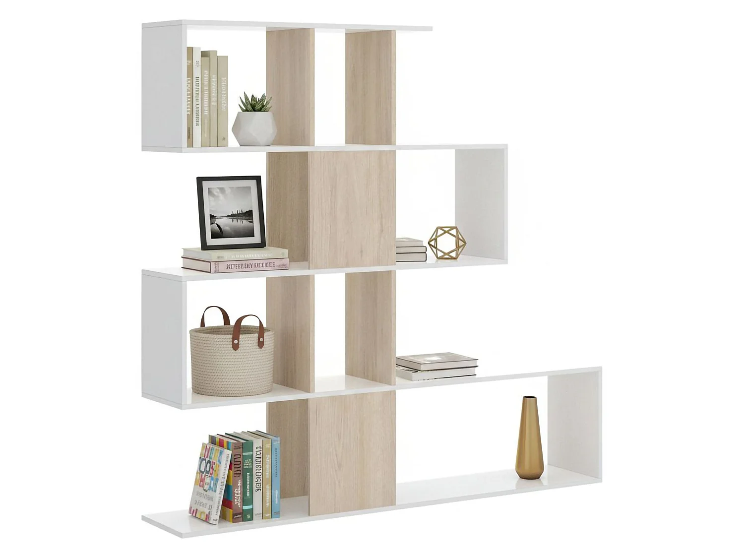 Buchhandlung Damago, Bücherregal mit 7 Fächern, Modernes Büroregal, Schrankwand mit Regalen, 145x29h145 cm, WeiÃŸ und Eiche