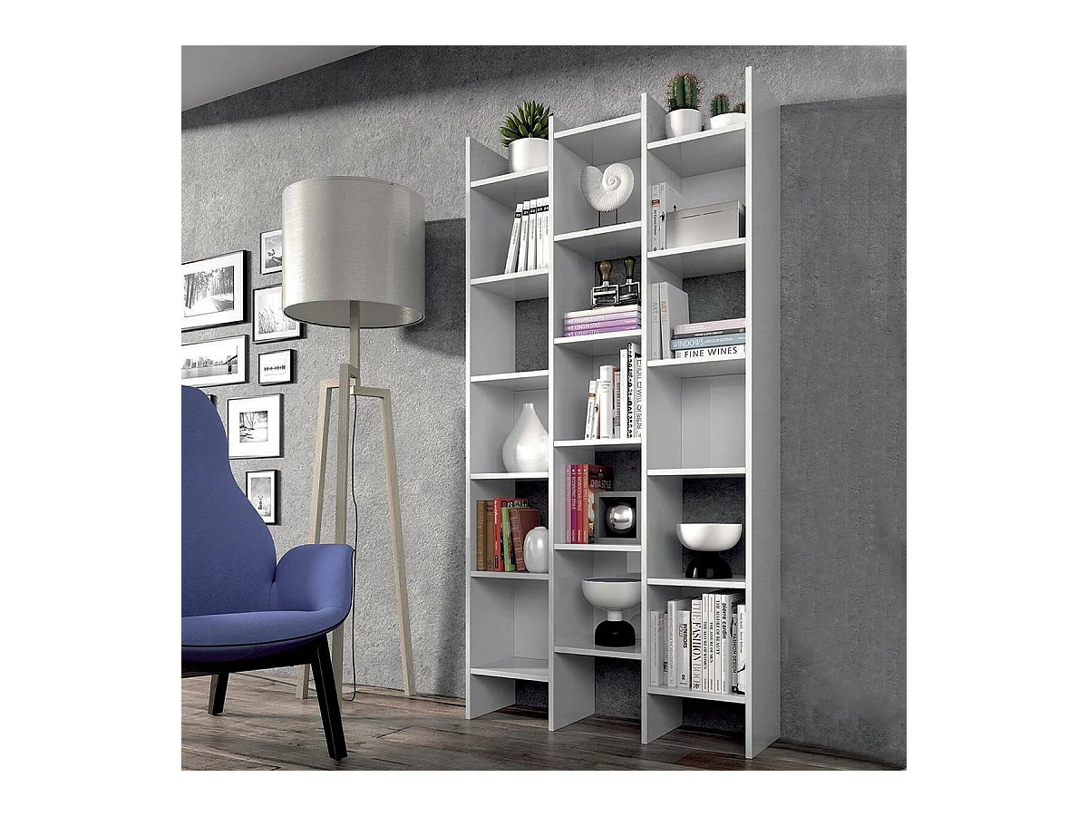 Bibliothèque Dmanis, Bibliothèque avec 18 étagères, Étagère avec compartiments carrés, Étagère de bureau moderne, 96x29h192 cm, Blanc