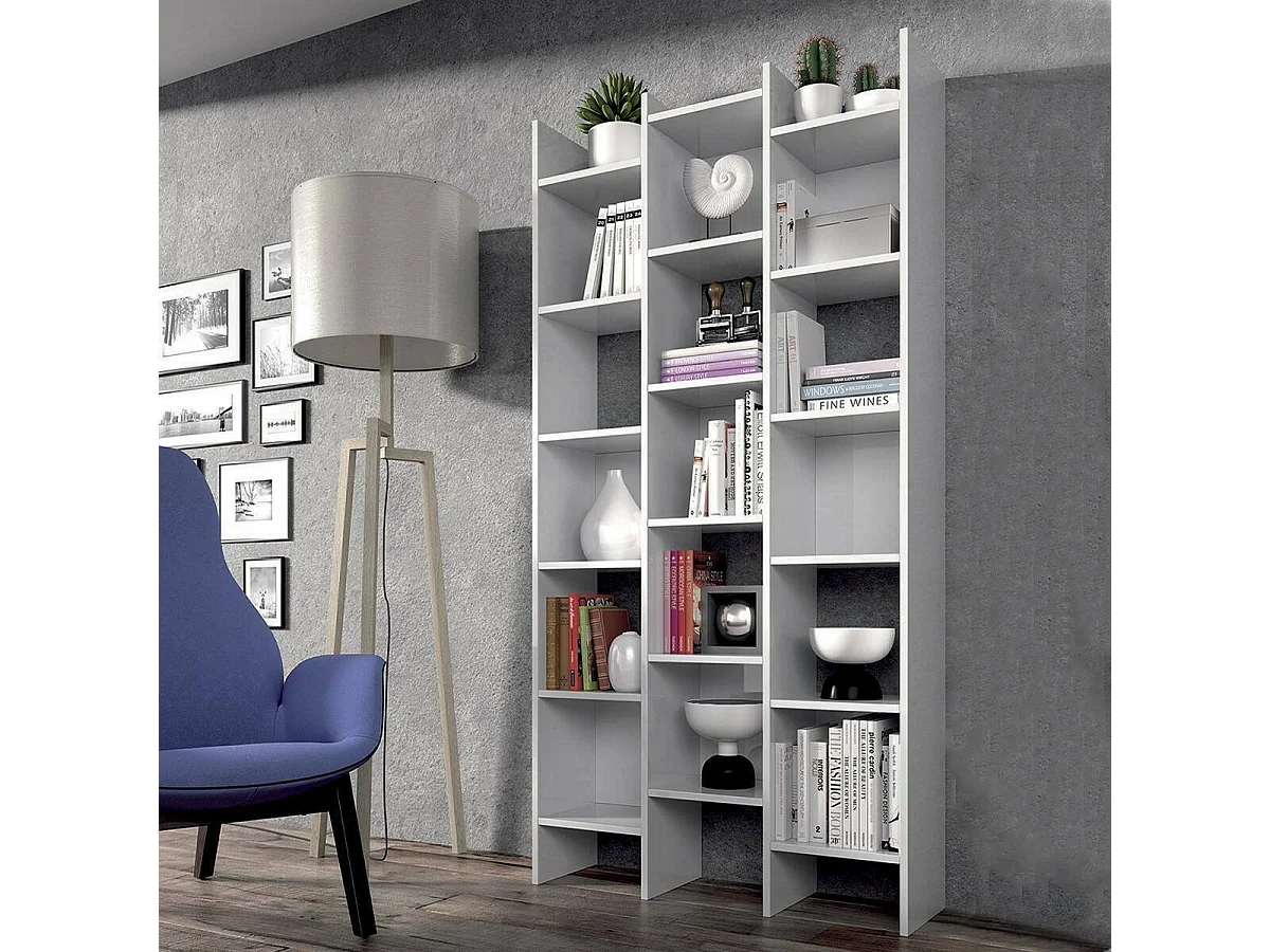 Dmanis boekenkast, Boekenkast met 18 planken, Plank met vierkante vakken, Moderne kantoorplank, 96x29h192 cm, Wit