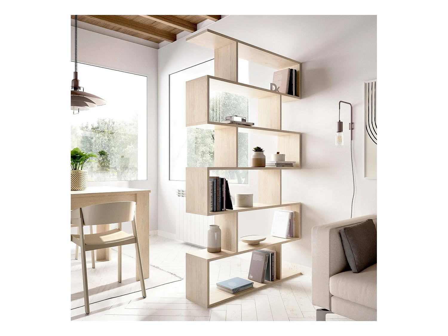 Buchhandlung Dfomme, Hohes doppelseitiges Bücherregal, Trennregal mit 5 Fachböden, Modernes Büroregal, 80x24h192 cm, Eiche