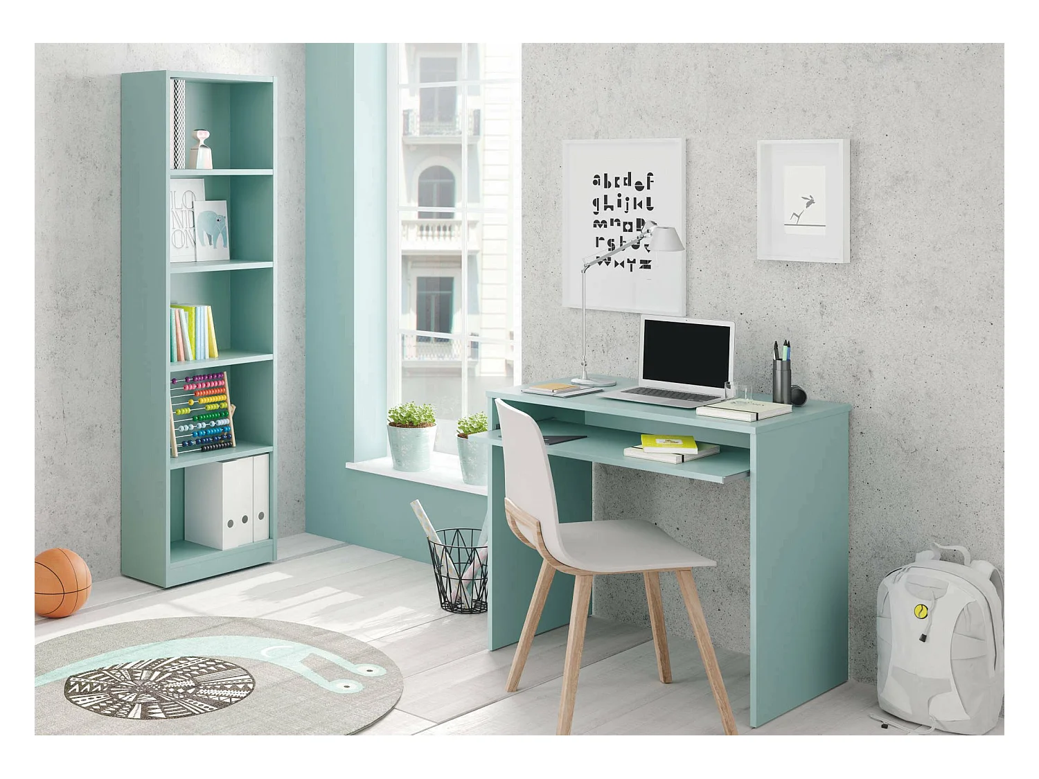 Bibliothèque Dmacagg, Bibliothèque haute avec 5 étagères, Etagère de bureau ou de chambre, Etagère moderne avec compartiments, 52x25h80 cm, Vert Aqua
