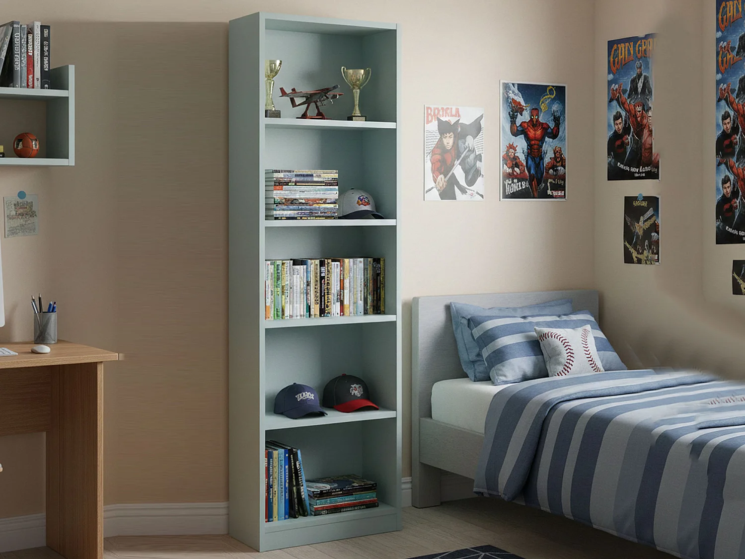 Bibliothèque Dmacagg, Bibliothèque haute avec 5 étagères, Etagère de bureau ou de chambre, Etagère moderne avec compartiments, 52x25h80 cm, Vert Aqua