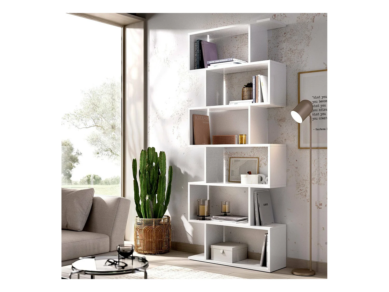 Bibliothèque Djorone, Etagère de bureau polyvalente, Bibliothèque avec 5 étagères, 80x25h190 cm, Blanc