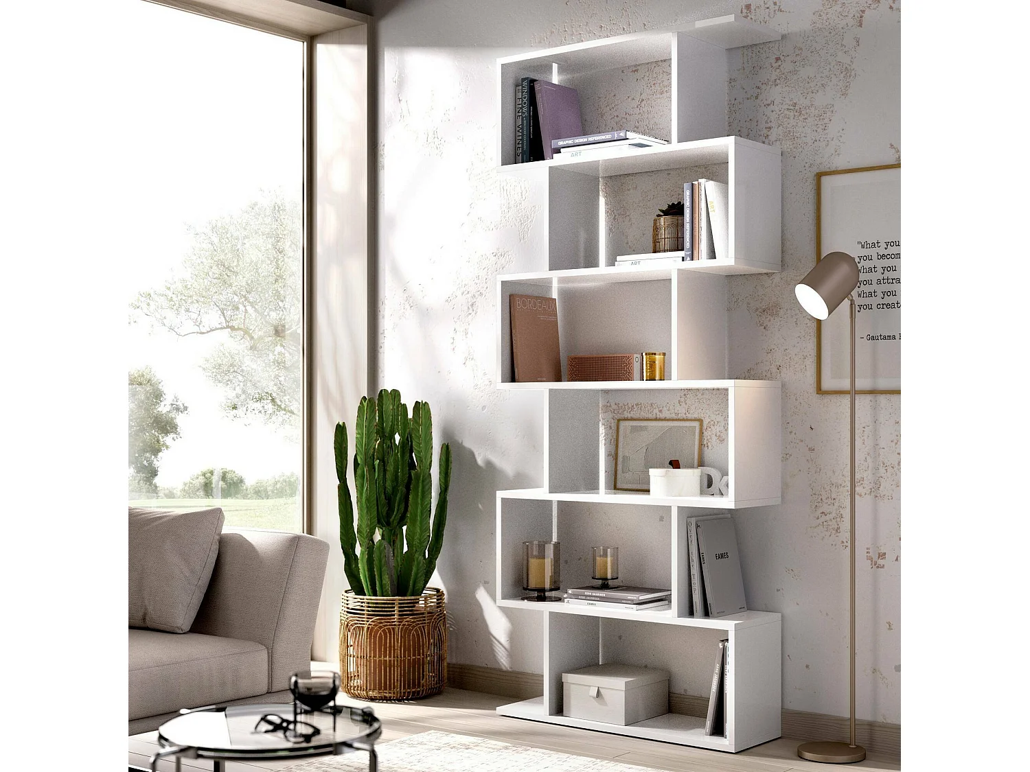 Dfomme boekenkast, Hoge dubbelzijdige boekenkast, Verdeelplank met 5 planken, Moderne kantoorplank, 80x24h192 cm, Glanzend wit