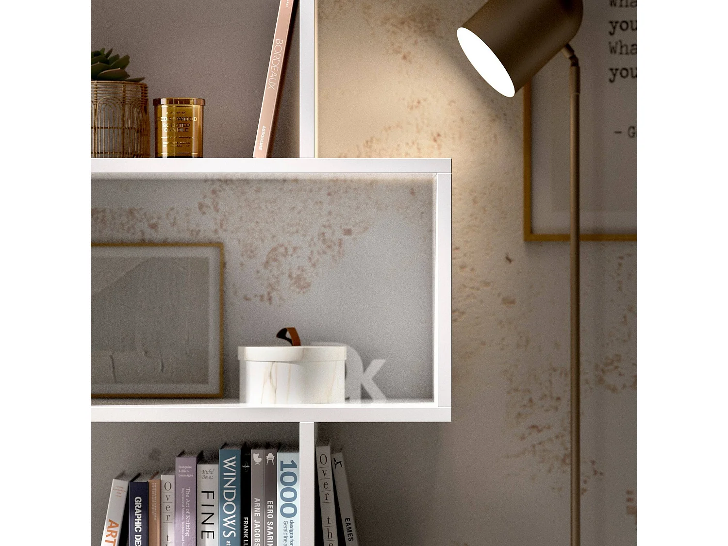 Dfomme boekenkast, Hoge dubbelzijdige boekenkast, Verdeelplank met 5 planken, Moderne kantoorplank, 80x24h192 cm, Glanzend wit