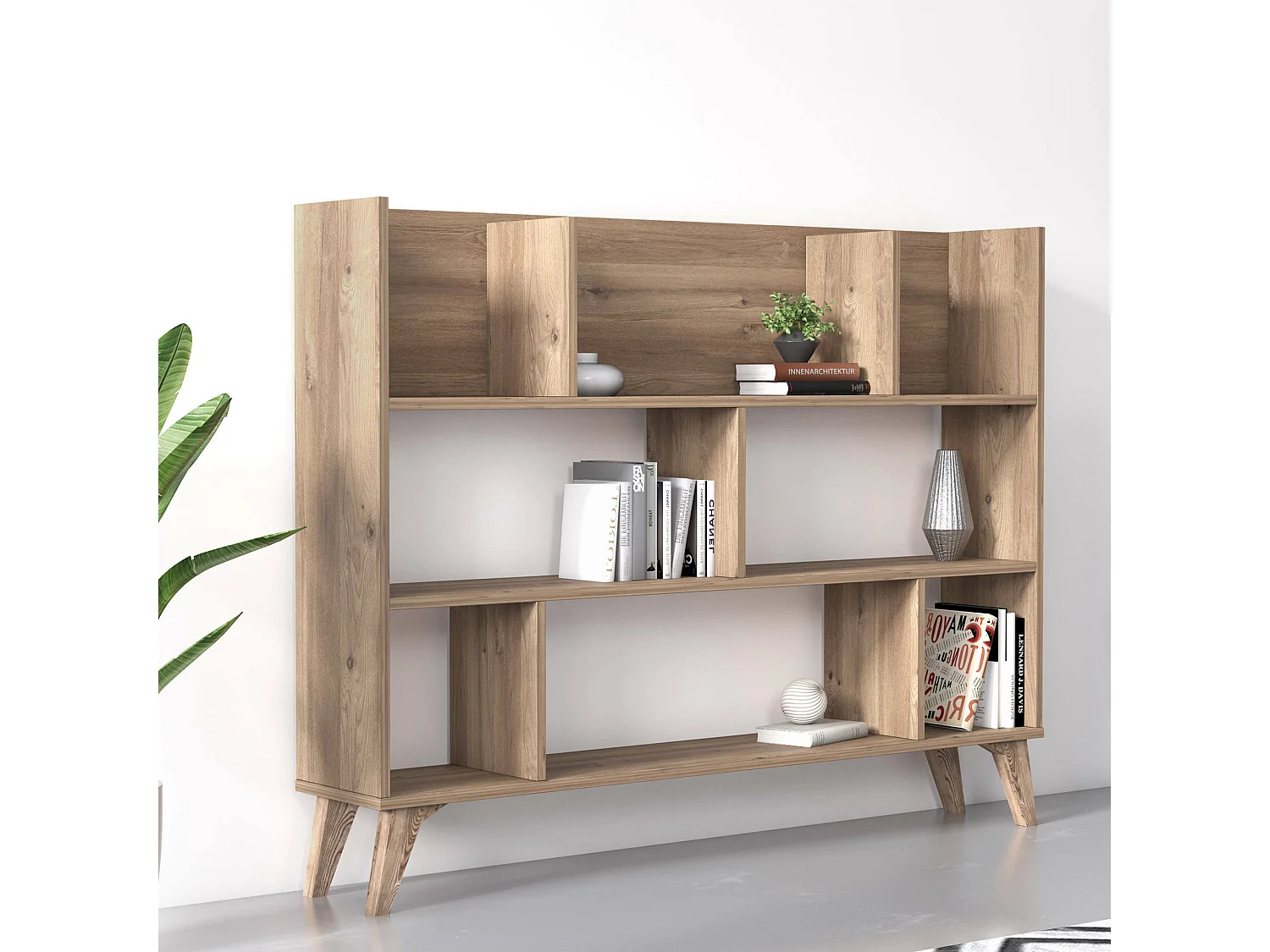 Estante com oito compartimentos abertos, 139,60 x 25 x 106 cm, cor carvalho