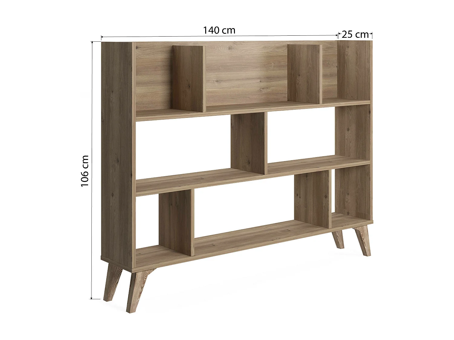 Estante com oito compartimentos abertos, 139,60 x 25 x 106 cm, cor carvalho