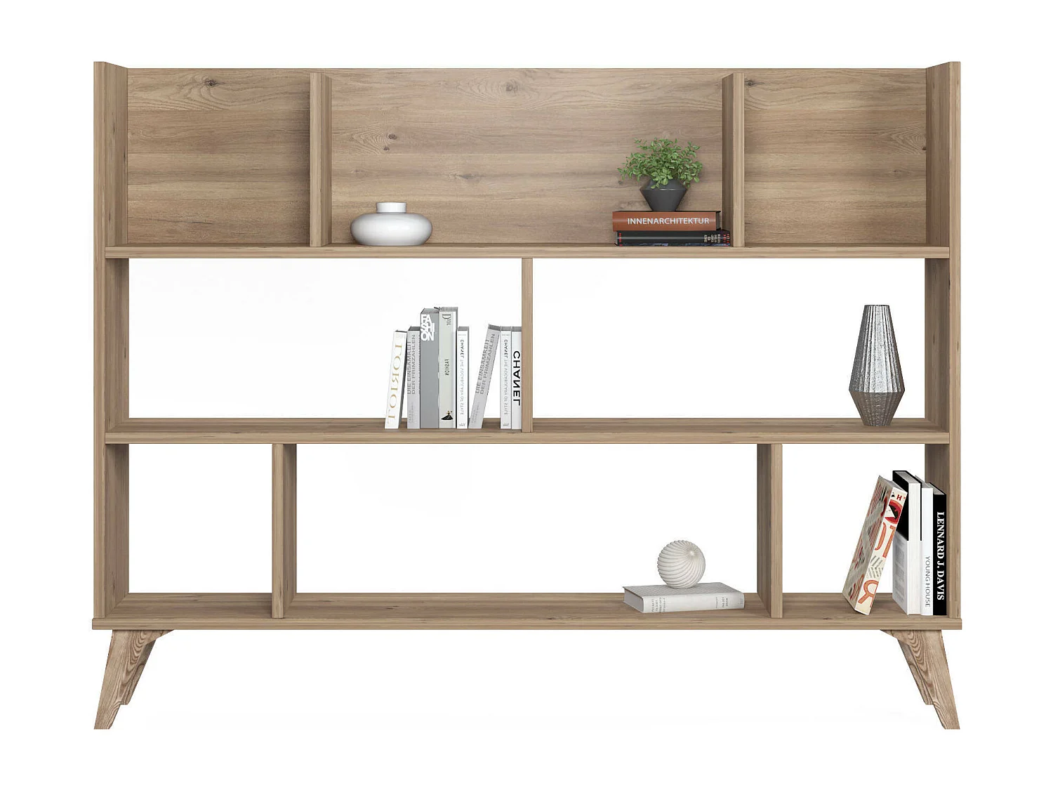 Estante com oito compartimentos abertos, 139,60 x 25 x 106 cm, cor carvalho