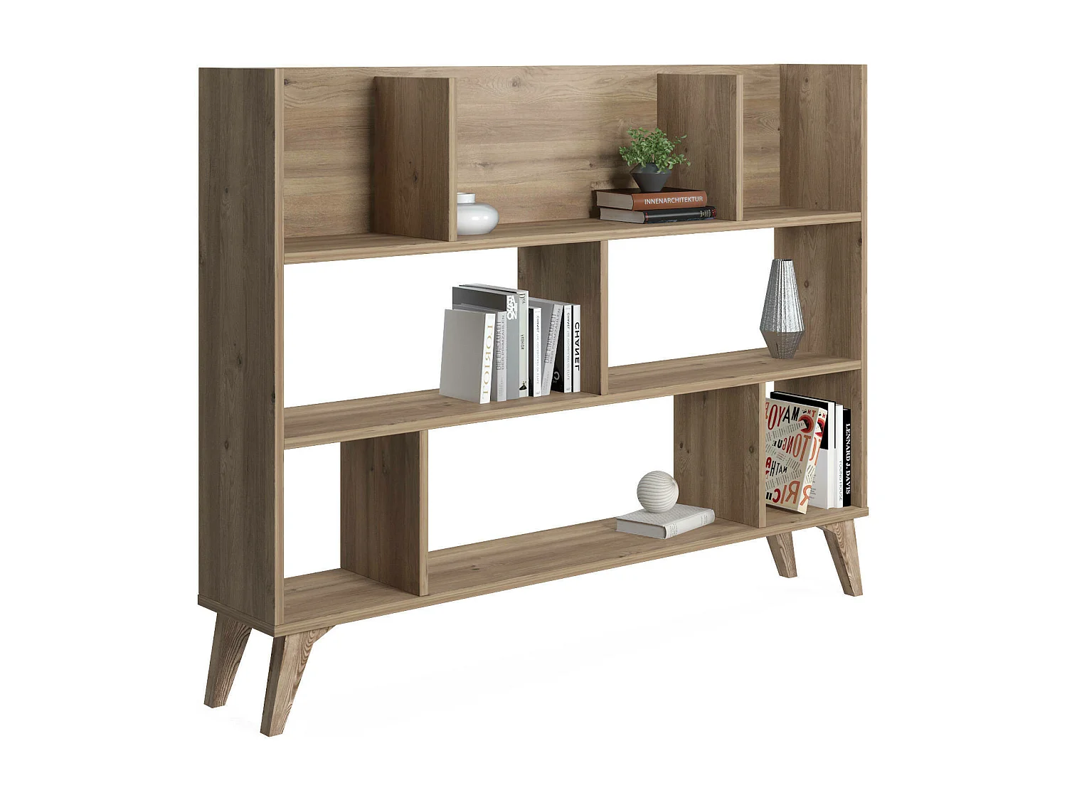 Estante com oito compartimentos abertos, 139,60 x 25 x 106 cm, cor carvalho