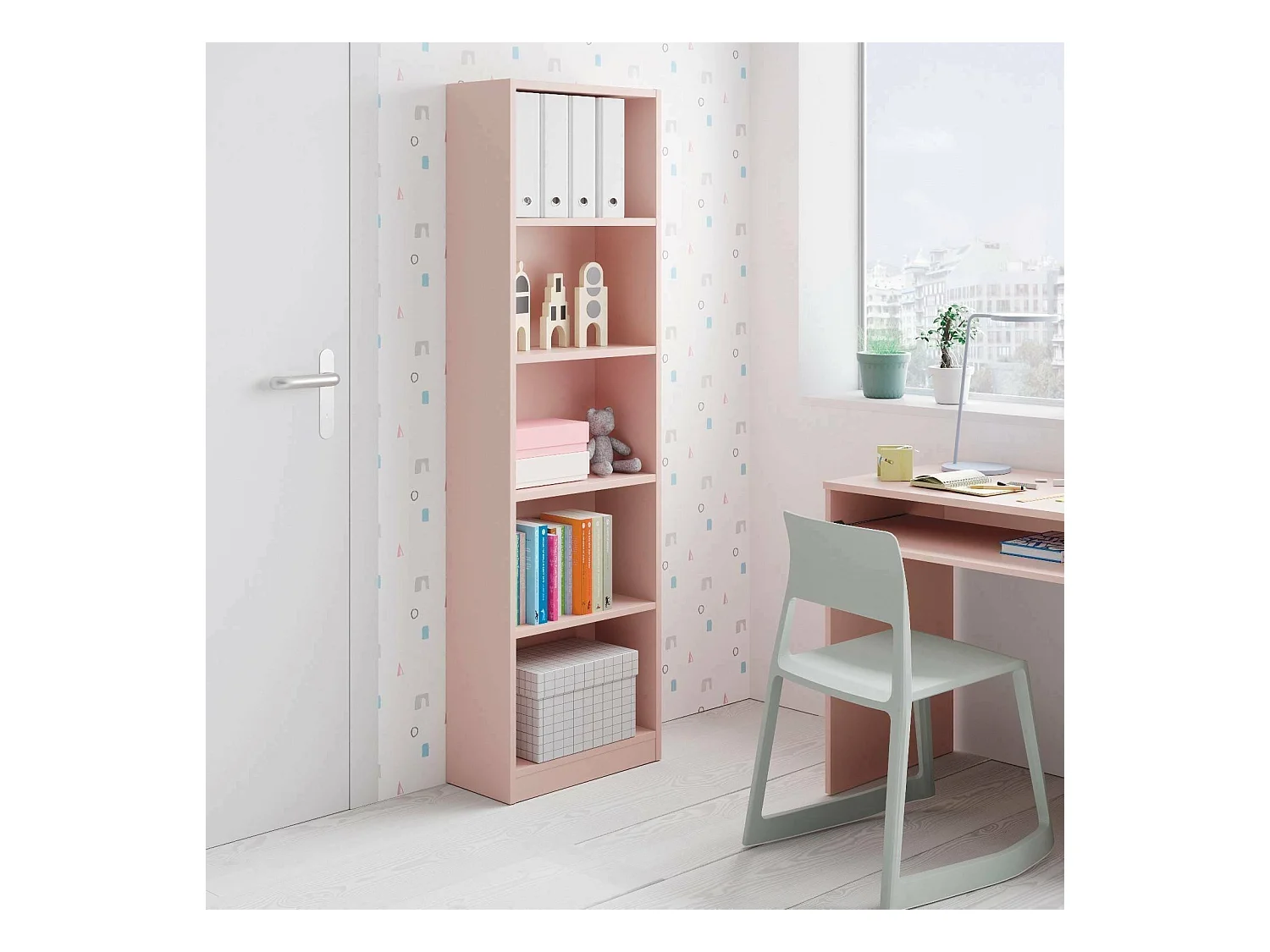 Bibliothèque Dmacagg, Bibliothèque haute avec 5 étagères, Etagère de bureau ou de chambre, Etagère moderne avec compartiments, 52x25h180 cm, Rose