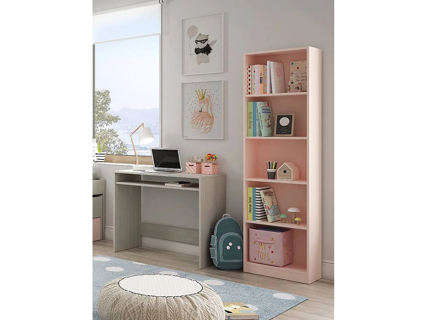Bibliothèque Dmacagg, Bibliothèque haute avec 5 étagères, Etagère de bureau ou de chambre, Etagère moderne avec compartiments, 52x25h180 cm, Rose