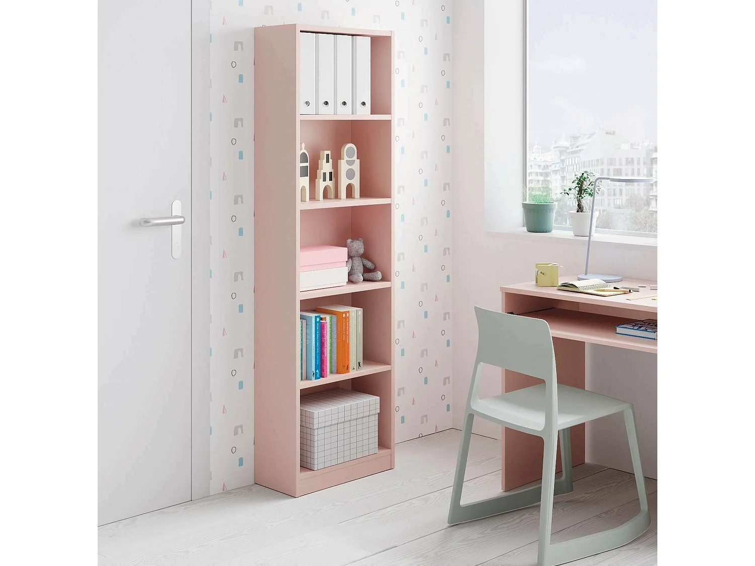 Bibliothèque Dmacagg, Bibliothèque haute avec 5 étagères, Etagère de bureau ou de chambre, Etagère moderne avec compartiments, 52x25h180 cm, Rose