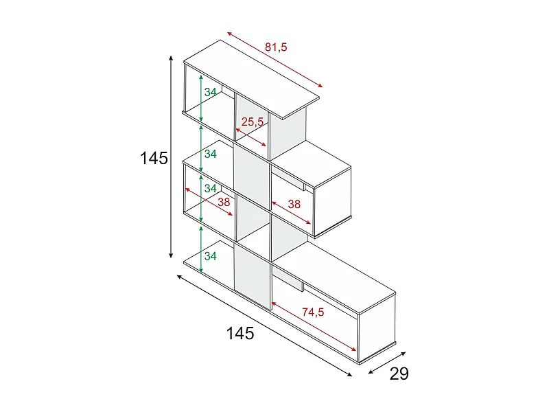 Bibliothèque Damago, Bibliothèque avec 7 compartiments, Étagère de bureau moderne, Armoire murale avec étagères, 145x29h145 cm, Blanc et Ciment