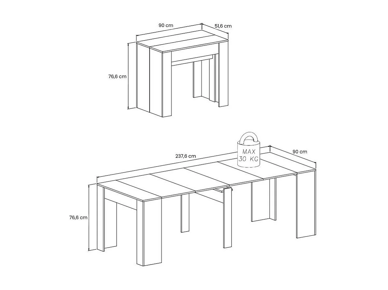 Table console à rallonge Dpanozz, Table avec rallonges, Console polyvalente, Table à manger extensible jusqu'à 10 places, 90/237x51h78 cm, Blanc