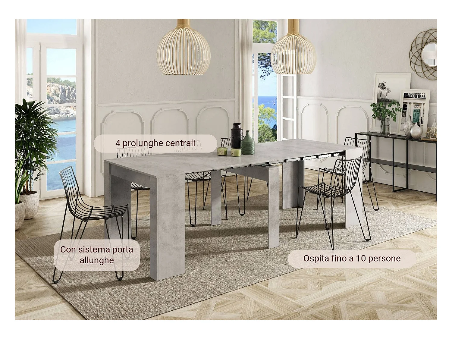 Diluna console, Uitschuifbare eettafel, Tafel met multifunctionele verlengstukken uitschuifbaar tot 10 zitplaatsen, 51/237x90h78 cm, Cement