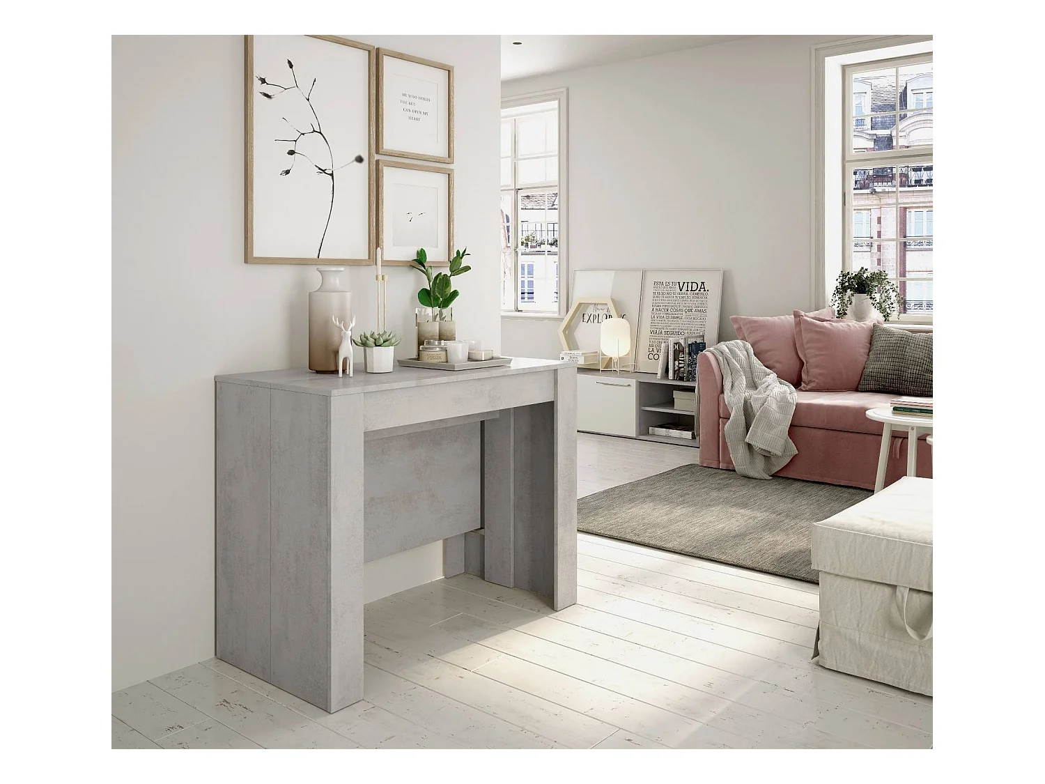 Diluna console, Uitschuifbare eettafel, Tafel met multifunctionele verlengstukken uitschuifbaar tot 10 zitplaatsen, 51/237x90h78 cm, Cement