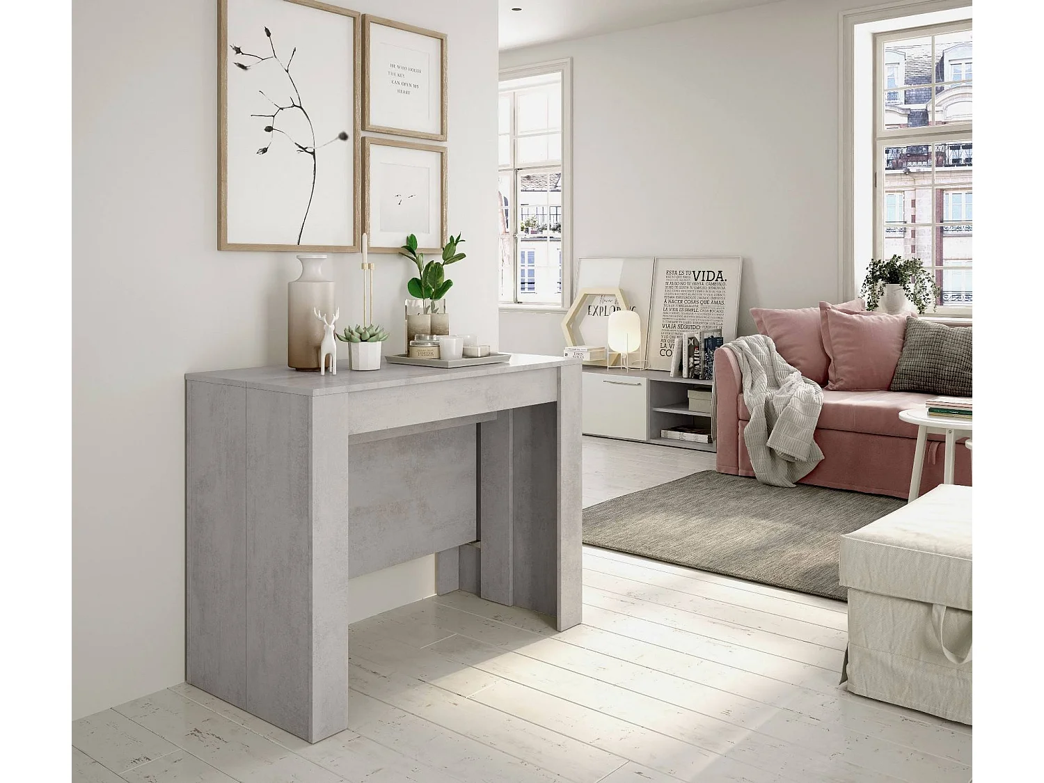 Console Diluna, Table à manger extensible, Table avec rallonges polyvalentes extensible jusqu'à 10 places, 51/237x90h78 cm, Ciment