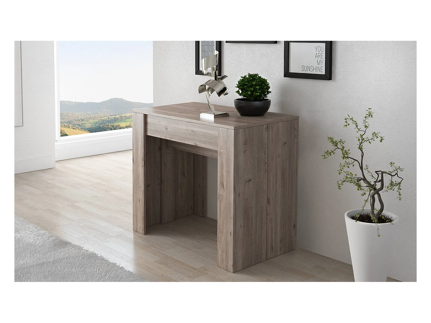 Moderner Esstisch, Ausziehbare Konsole bis zu 10 Sitzplätzen, Maße 90 x 51 x 77 cm (bis zu 237 mit Verlängerungen), Farbe Braun - Eiche