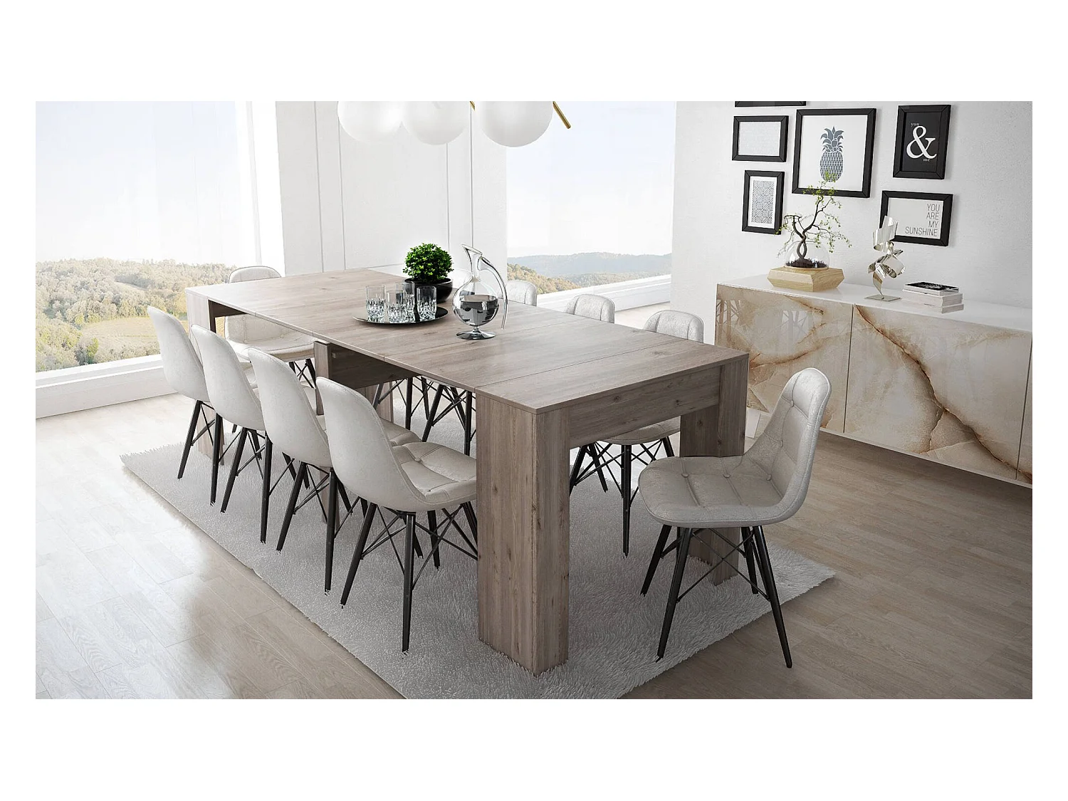 Moderner Esstisch, Ausziehbare Konsole bis zu 10 Sitzplätzen, Maße 90 x 51 x 77 cm (bis zu 237 mit Verlängerungen), Farbe Braun - Eiche