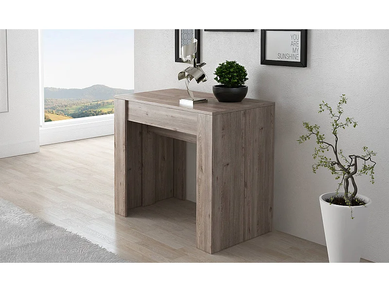 Console 0, Uitschuifbare eettafel tot 10 zitplaatsen, Moderne console met verlengstukken, 90x52h78 cm, Eiken Bruin