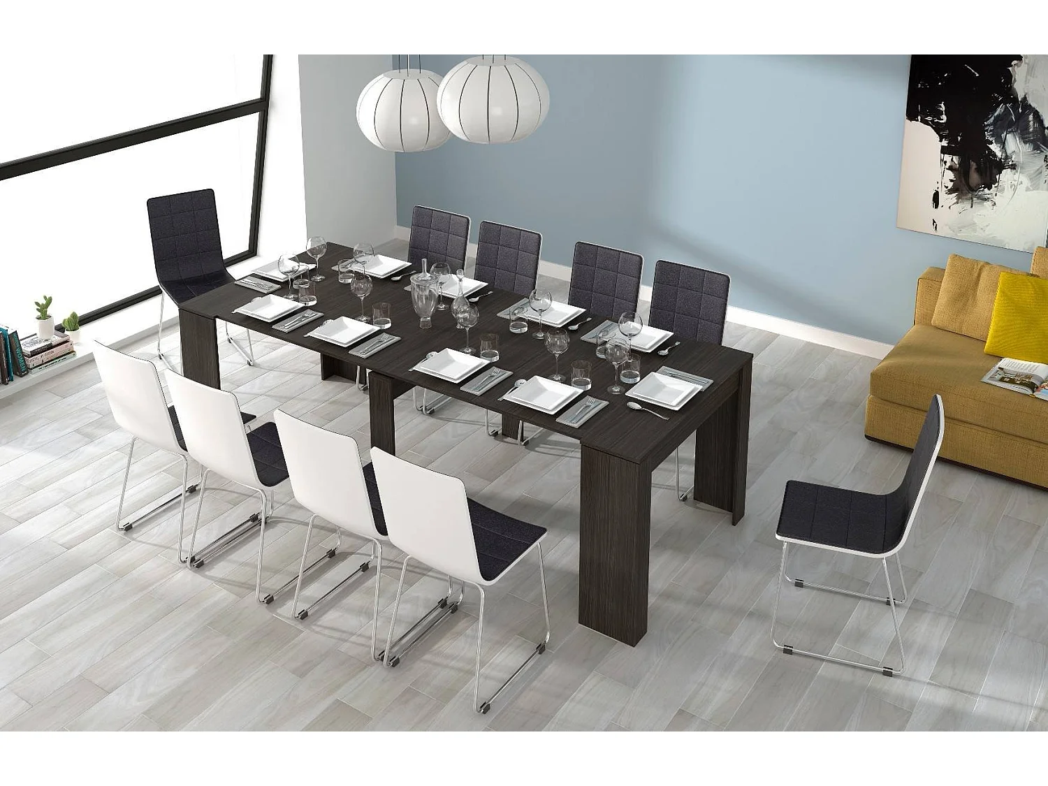 Console Diluna, Table à manger extensible, Table avec rallonges polyvalentes extensible jusqu'à 10 places, 51/237x90h78 cm, Gris cendré