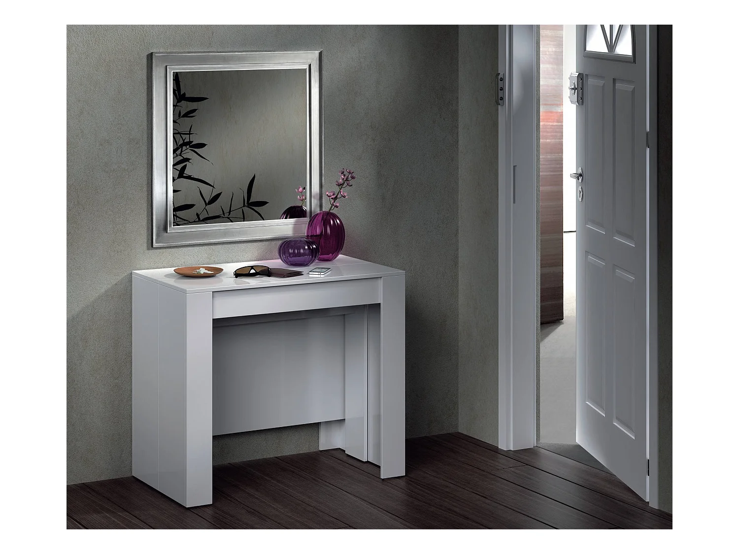 Console Diluna, Table à manger extensible, Table avec rallonges polyvalentes extensible jusqu'à 10 places, 51/237x90h78 cm, Blanc Brillant