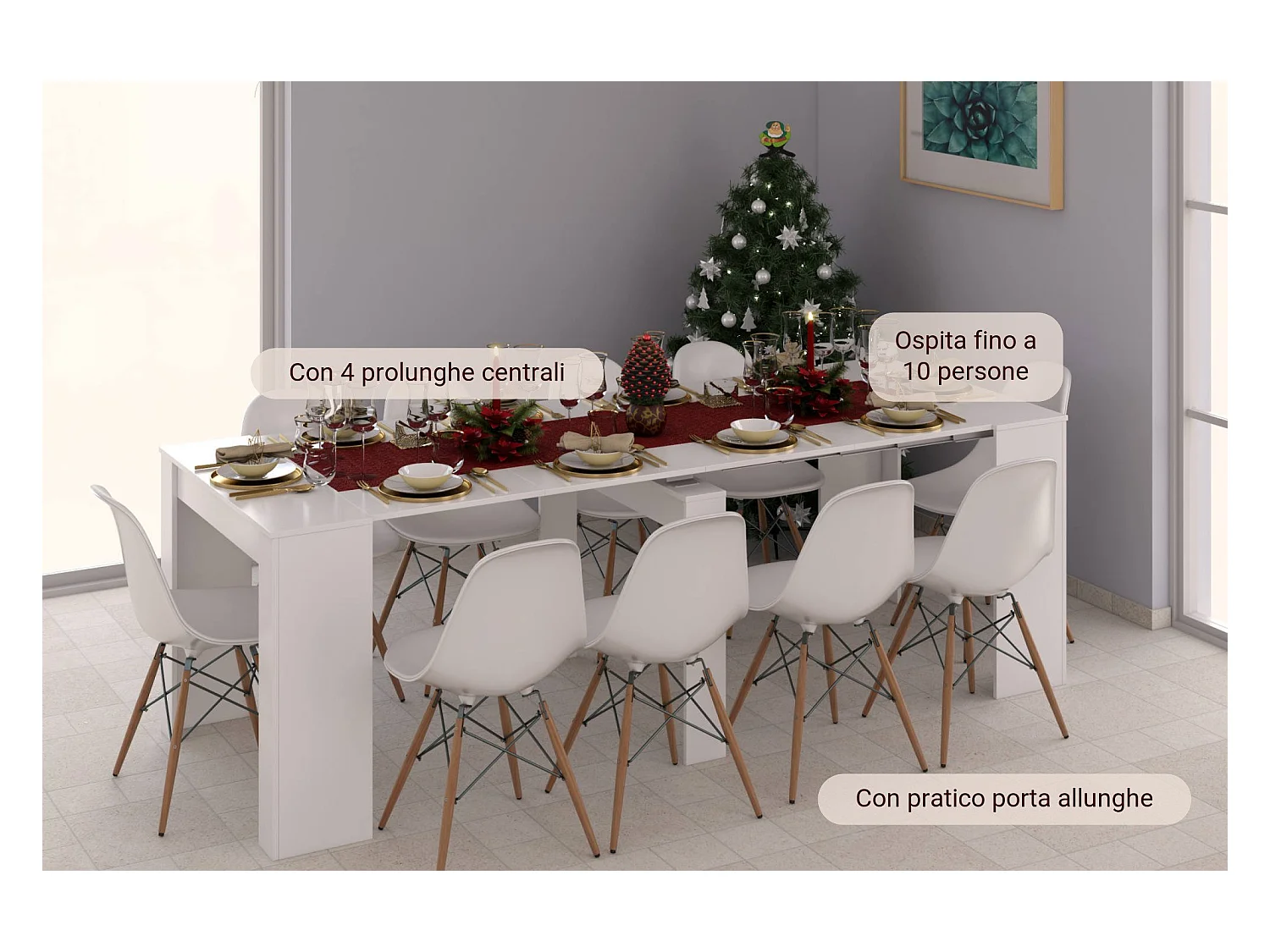 Console Diluna, Table à manger extensible, Table avec rallonges polyvalentes extensible jusqu'à 10 places, 51/237x90h78 cm, Blanc Brillant